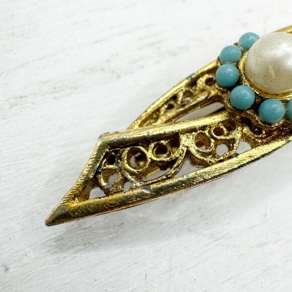 Vtg Mid Century MCM Faux Pearl And Turquoise Gold Tone Filigree Bar Pin Brooch - Picture 4 of 8